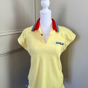 VTG 70s Queens Way to Fashion Polo Shirt Yellow Colorblock Women’s L Preppy